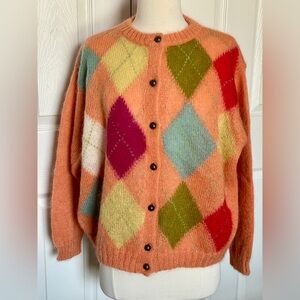 Vintage 90’s Benetton Multicolor Argyle Cardigan, Crewneck, Mohair, Wool & Nylon